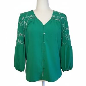 Adrienne Vittadini Green Embroidered Peasant Button Front Blouse Spring Large